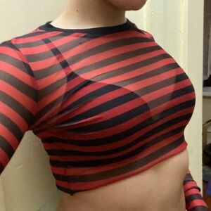 Current Mood red and, black striped mesh crop top, size SX.